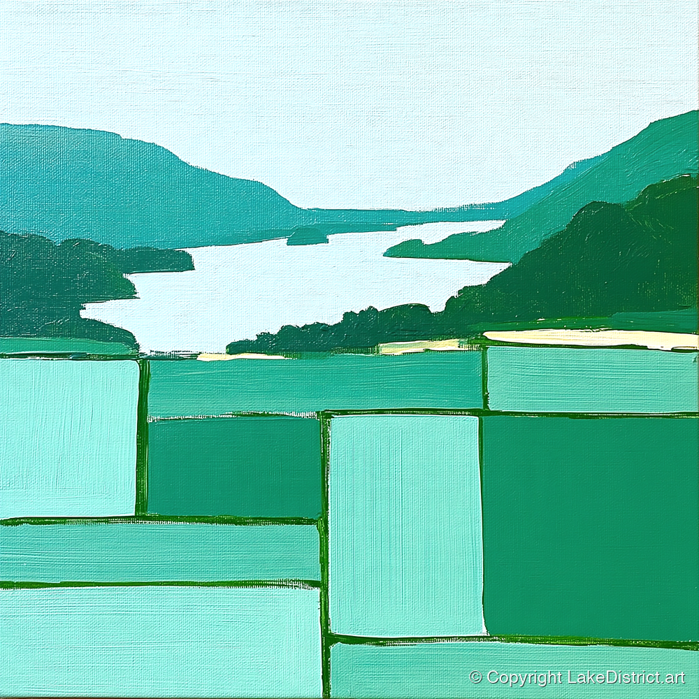 Geometric Greens Above Glenridding - lake district village art print and canvas by Sebastian Finch A.I