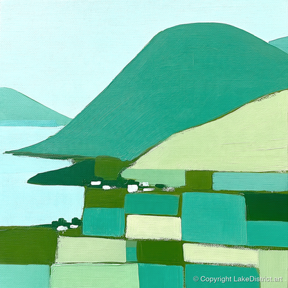 Geometric Greens of Glenridding Village - lake district village art print and canvas by Sebastian Finch A.I