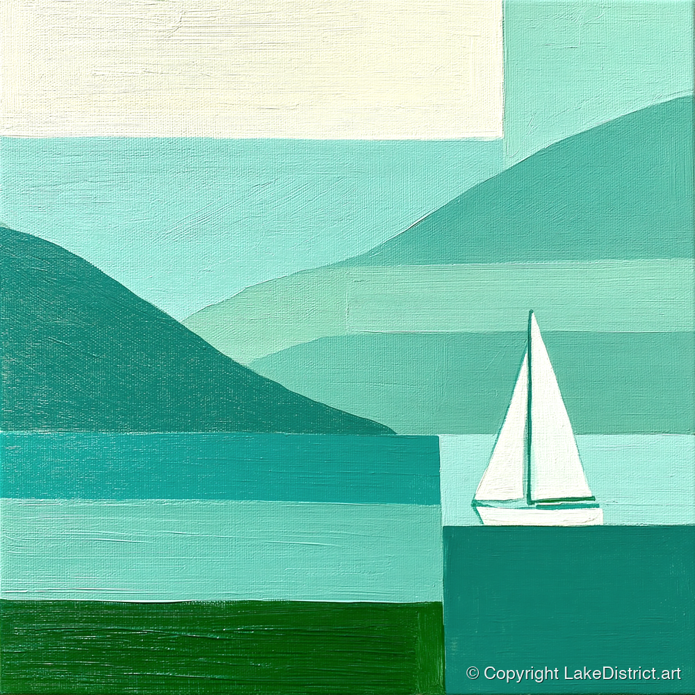 Geometric Lake District Sailboat - lake district walking art print and canvas by Sebastian Finch A.I