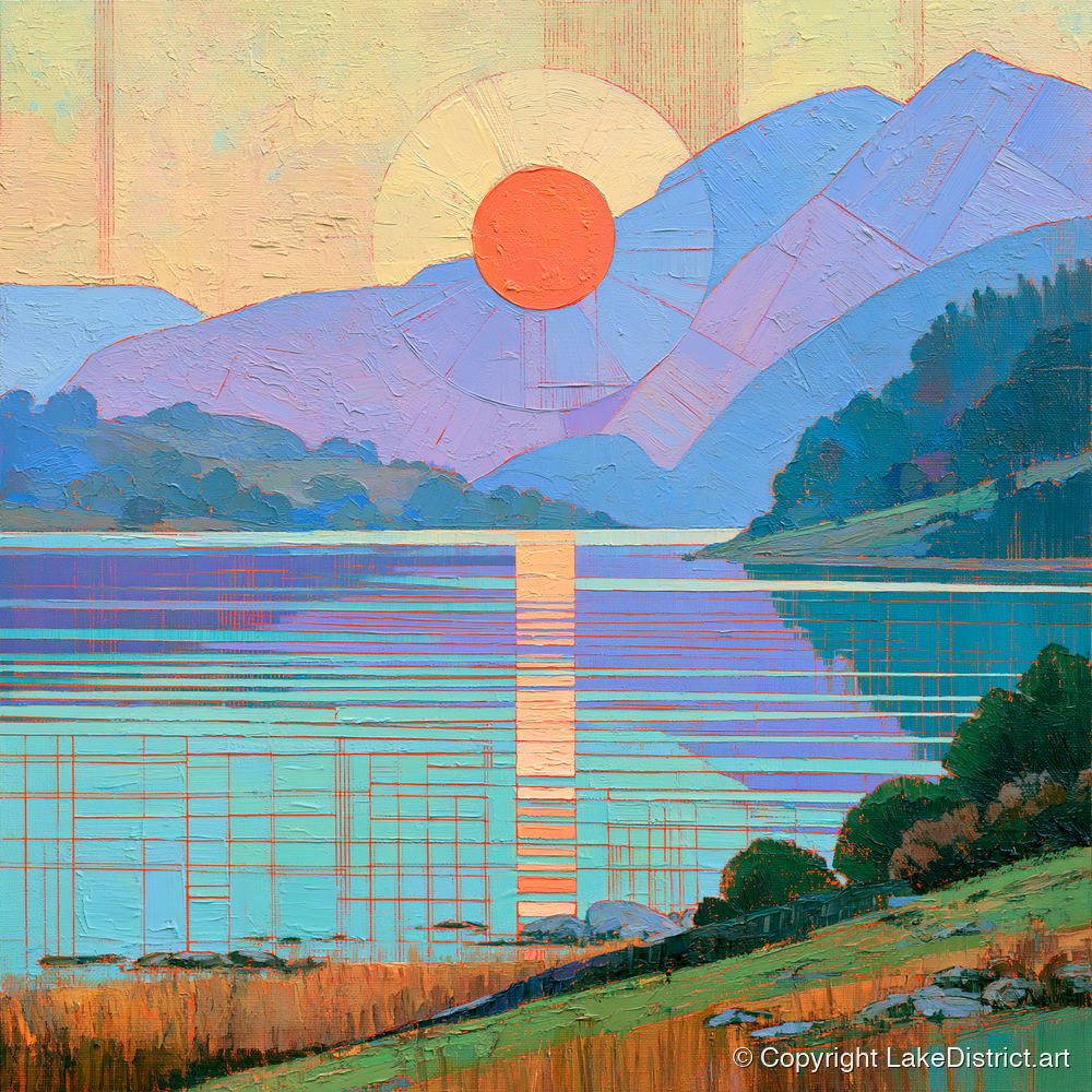 Geometric Lakeland Sunset Over Water - lake district lake art print and canvas by Victor Penrose A.I