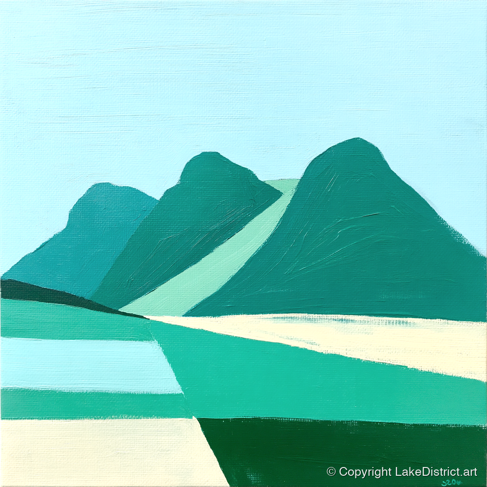Geometric Langdale Pikes in Teal - lake district fell art print and canvas by Sebastian Finch A.I