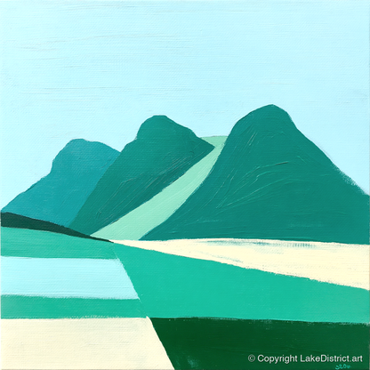 Geometric Langdale Pikes in Teal - lake district fell art print and canvas by Sebastian Finch A.I