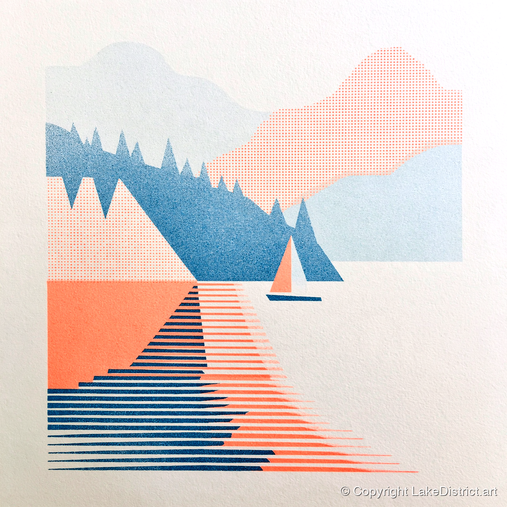 Geometric Sailboat on Windermere - lake district lake art print and canvas by Elliot Reid A.I
