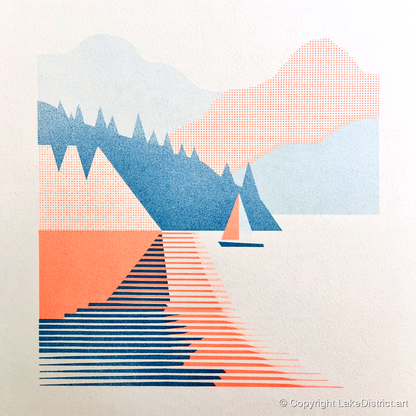 Geometric Sailboat on Windermere - lake district lake art print and canvas by Elliot Reid A.I