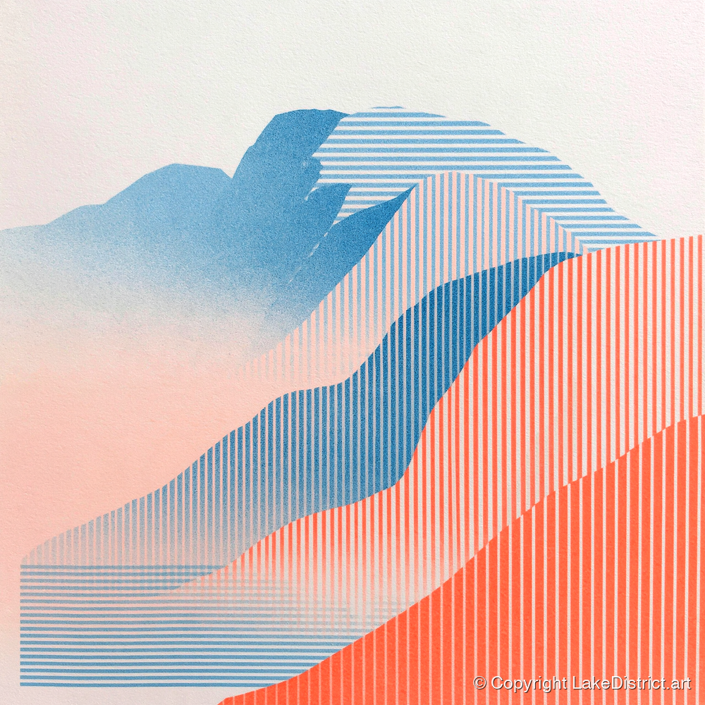 Geometric Scafell Pike in Coral - lake district fell art print and canvas by Elliot Reid A.I