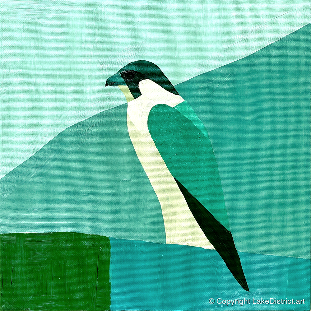 Geometric Teal Peregrine Falcon - lake district wildlife art print and canvas by Sebastian Finch A.I