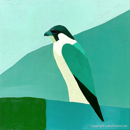 Geometric Teal Peregrine Falcon - lake district wildlife art print and canvas by Sebastian Finch A.I