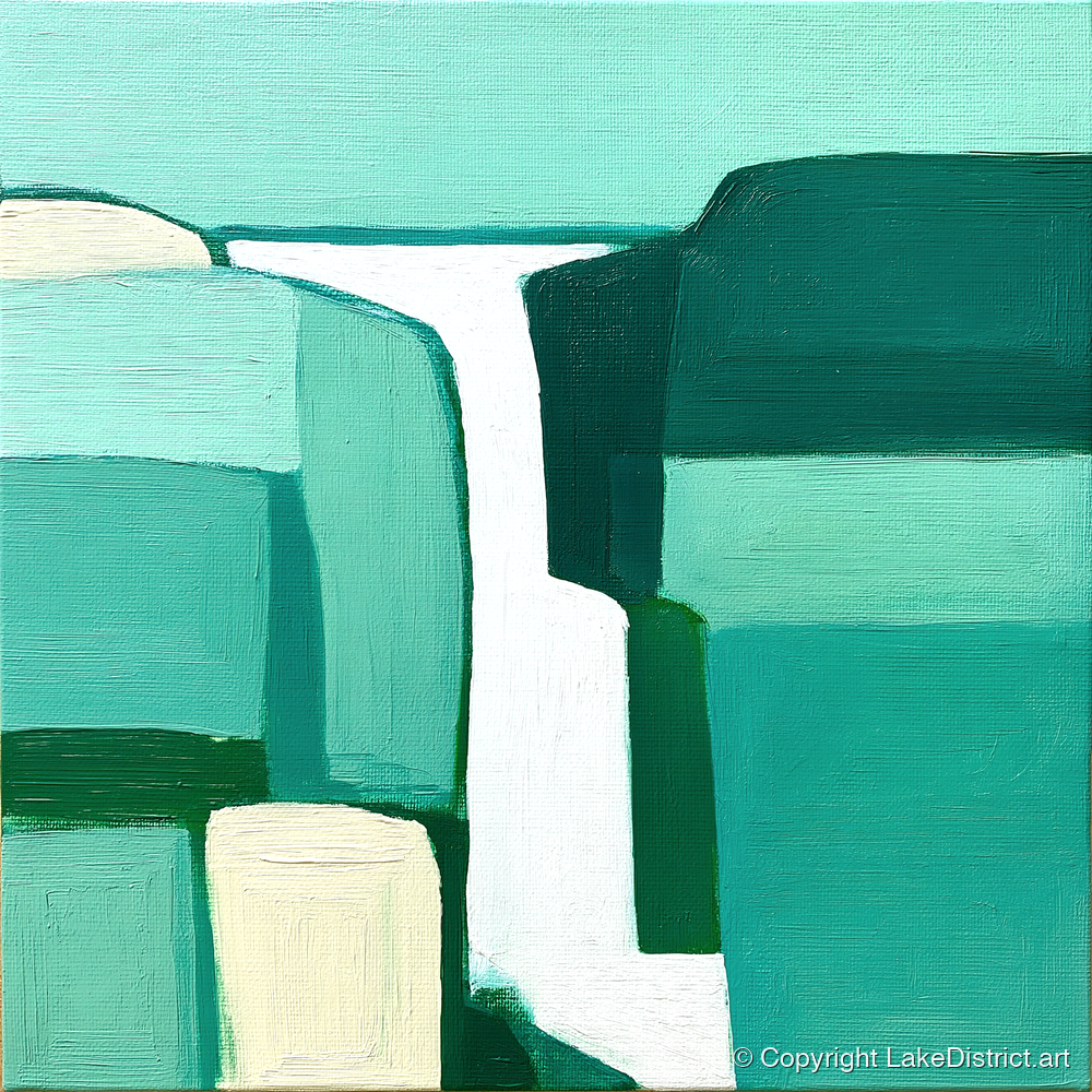 Geometric Teal Waterfall Cascade - lake district waterfall art print and canvas by Sebastian Finch A.I