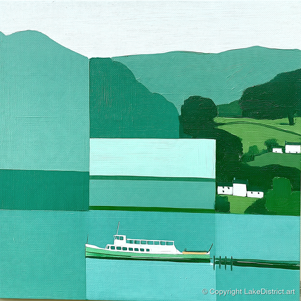 Geometric Ullswater Steamer at Glenridding - lake district village art print and canvas by Sebastian Finch A.I