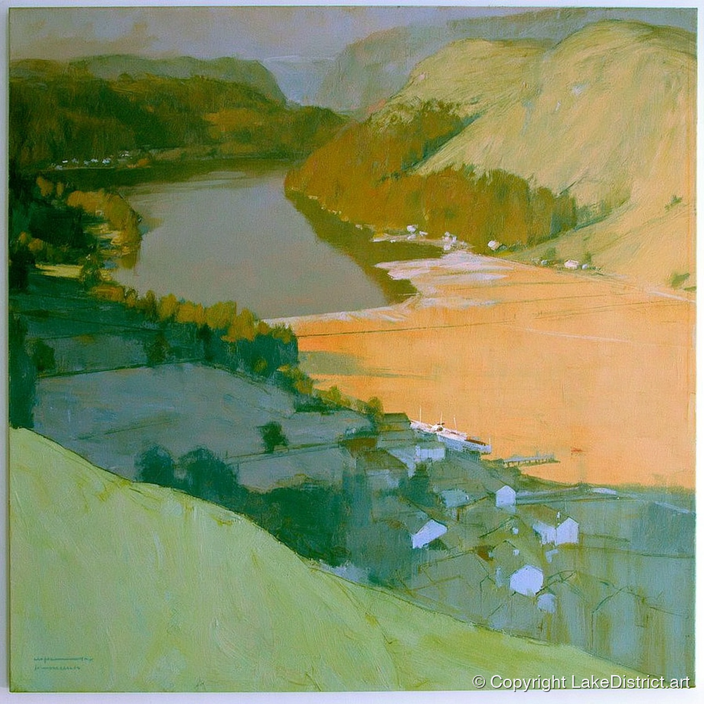 Glenridding and Ullswater Apricot Light - lake district village art print and canvas by Emerson Grey A.I