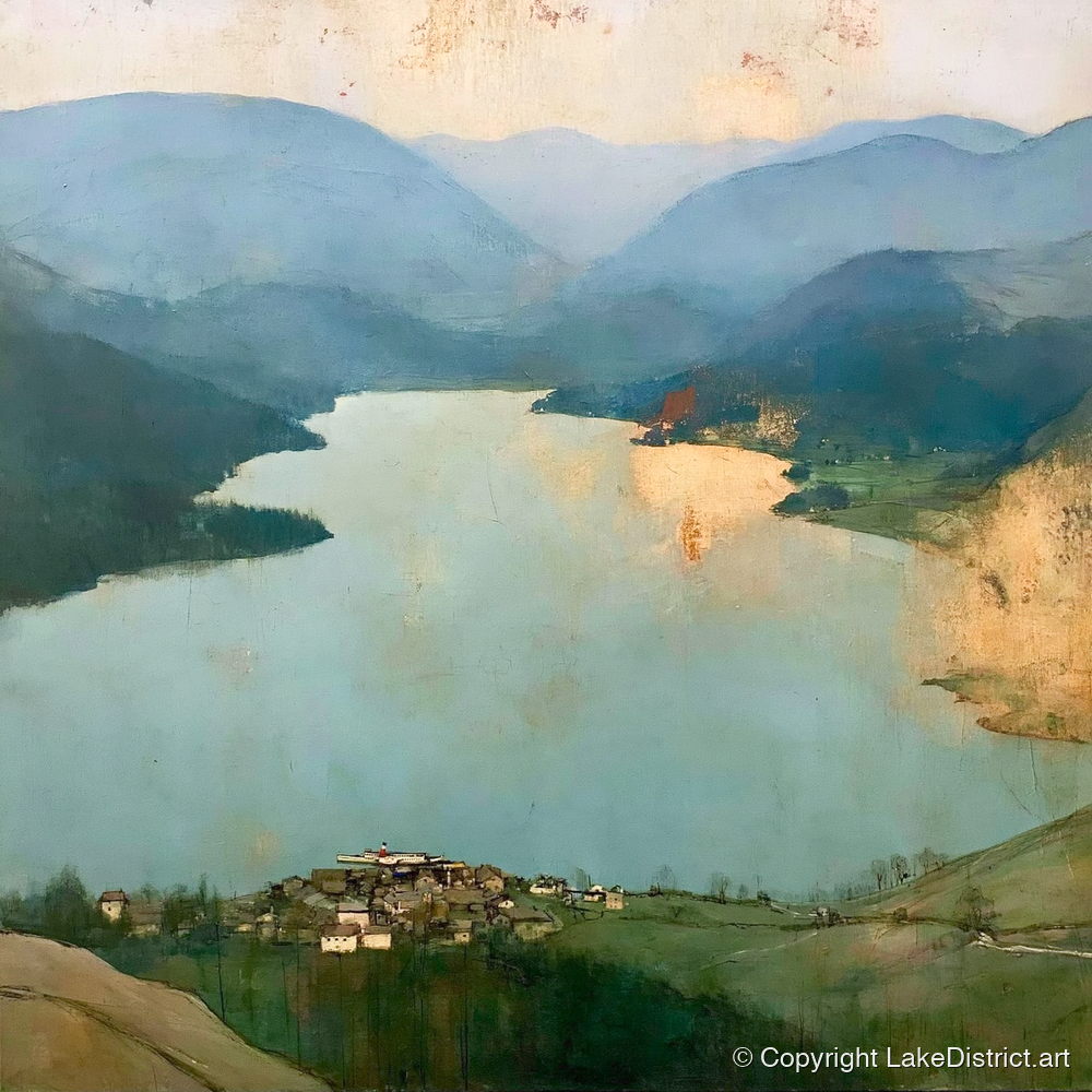 Glenridding and Ullswater in Gold - lake district village art print and canvas by Silas Thorne A.I