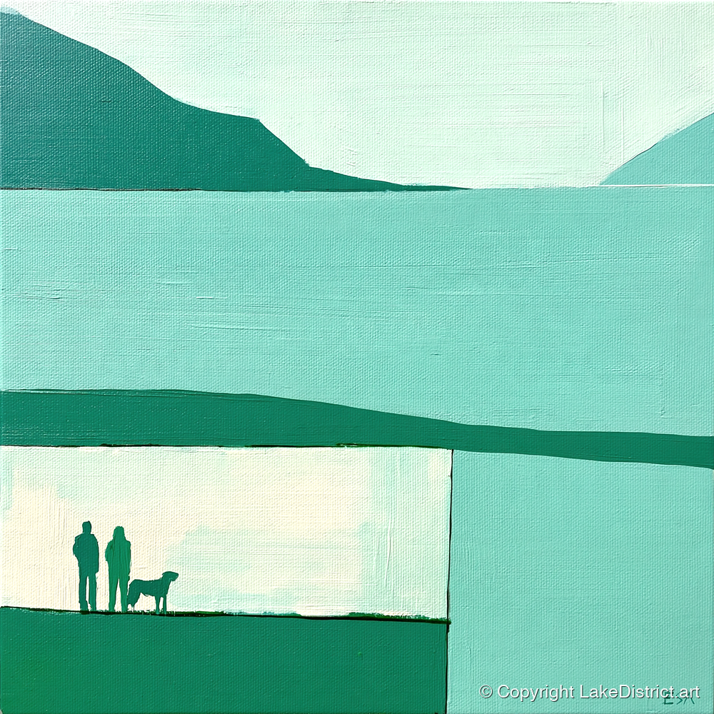 Glenridding Dog Walkers in Teal - gifts for dog walkers art print and canvas by Sebastian Finch A.I