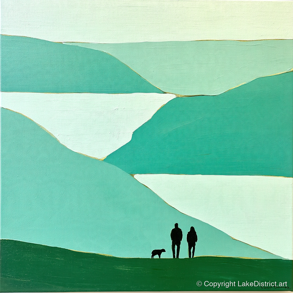Glenridding Walkers in Teal Fells - gifts for dog walkers art print and canvas by Sebastian Finch A.I