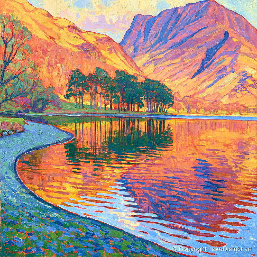 Glowing Buttermere Pebble Shore - lake district lake art print and canvas by Celia Harding A.I