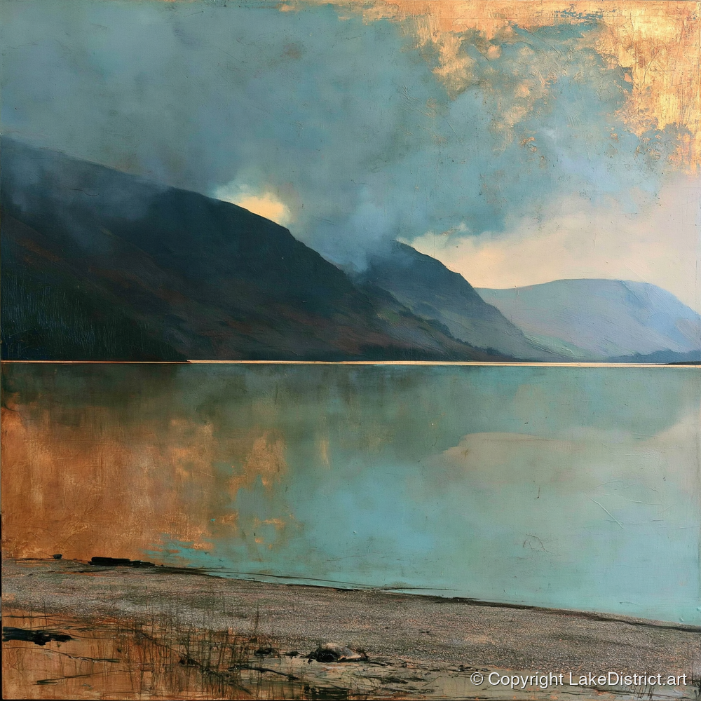Golden Break Over Crummock Water - lake district lake art print and canvas by Silas Thorne A.I