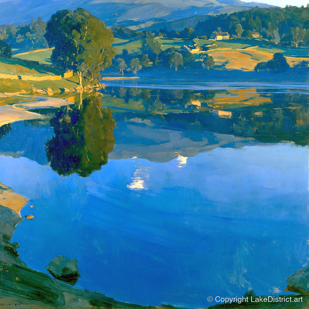 Golden Dawn Over Still Lake - lake district lake art print and canvas by Percival Kent A.I
