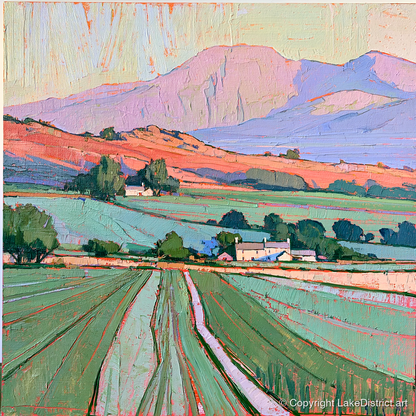 Golden Evening Fells and Farmland - lake district sky art print and canvas by Cedric Montgomery A.I