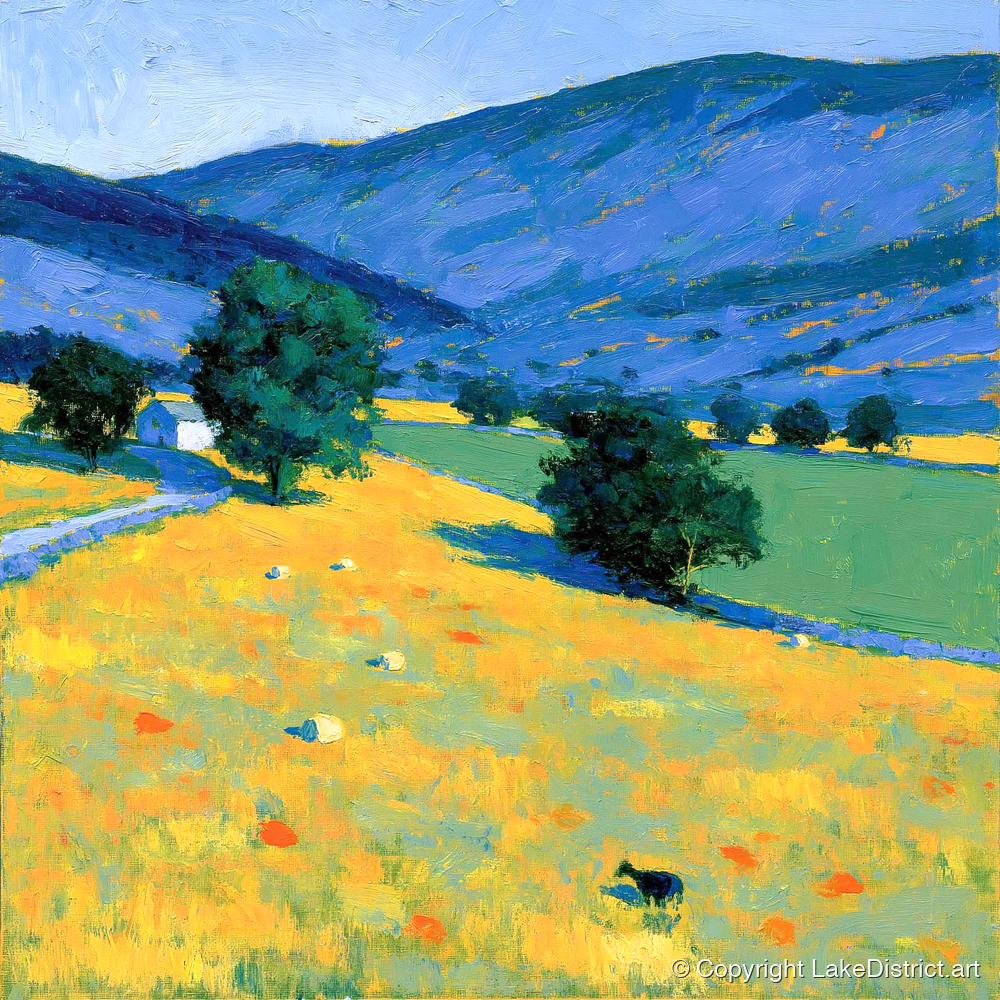 Golden Evening Fells and Pastures - lake district sky art print and canvas by Hugo Beckett A.I