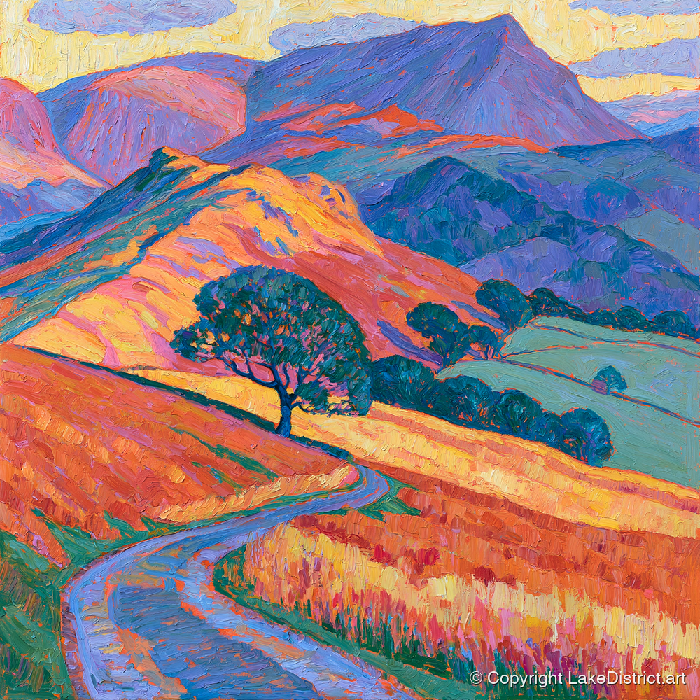 Golden Fell Track and Violet Peaks - lake district sky art print and canvas by Celia Harding A.I