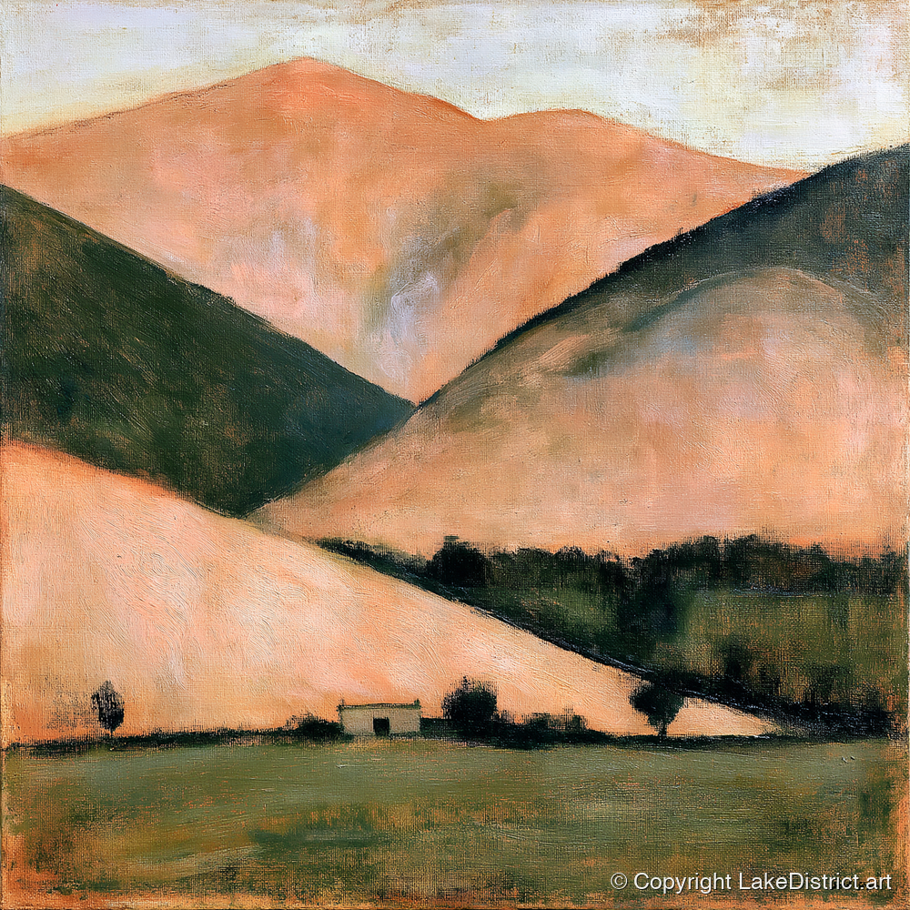Golden Fells and Stone Bothy - lake district sky art print and canvas by Arabella Knight A.I