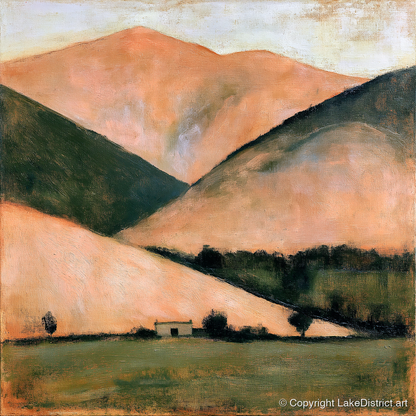 Golden Fells and Stone Bothy - lake district sky art print and canvas by Arabella Knight A.I