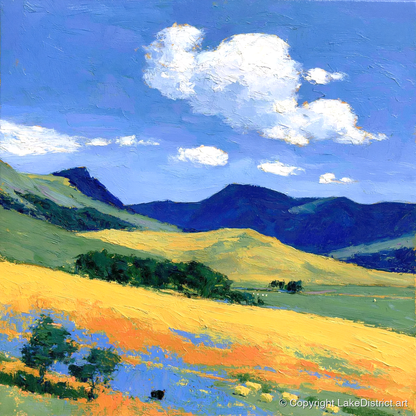 Golden Fells Beneath Summer Clouds - lake district fell art print and canvas by Hugo Beckett A.I