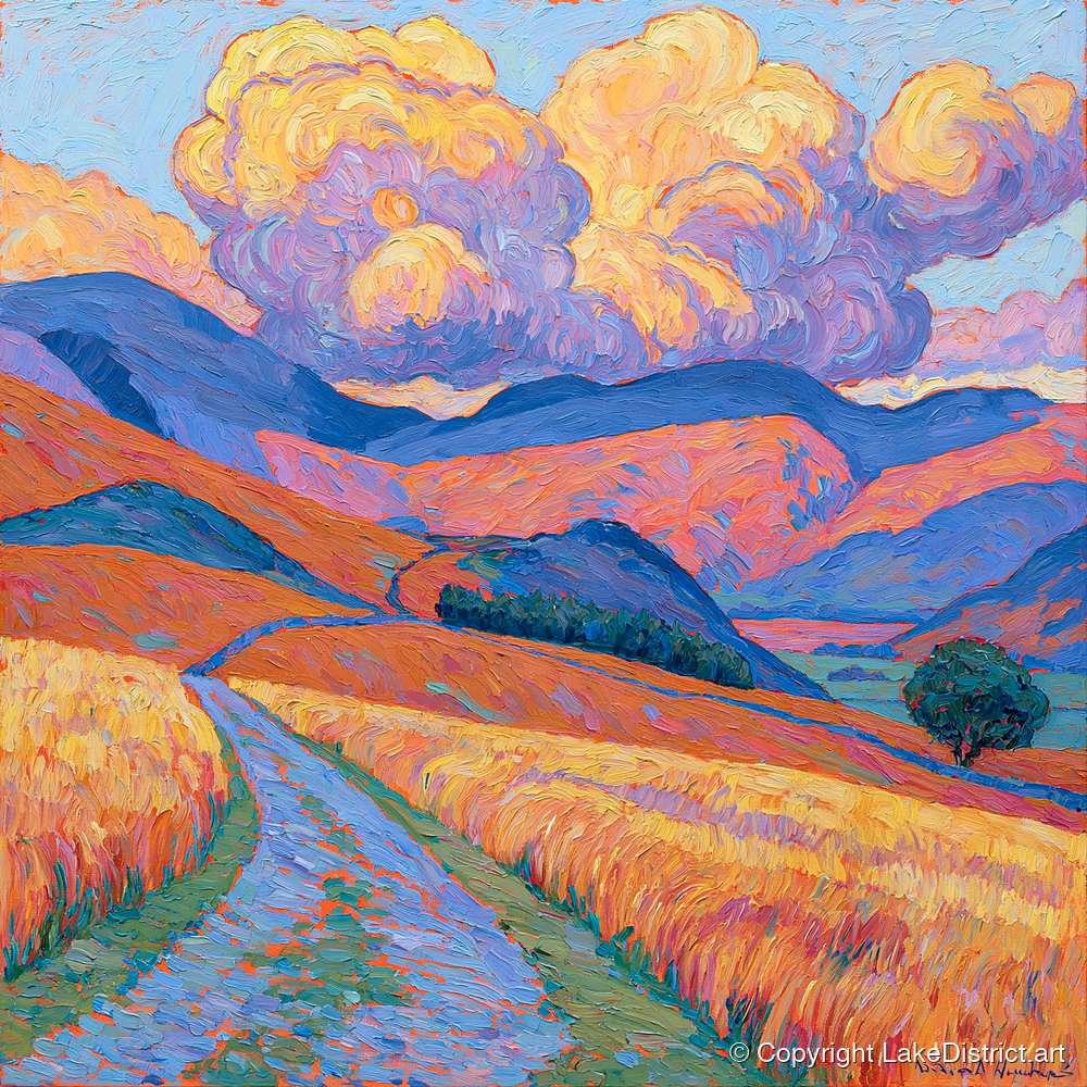 Golden Fells Under Storm Clouds - lake district sky art print and canvas by Celia Harding A.I