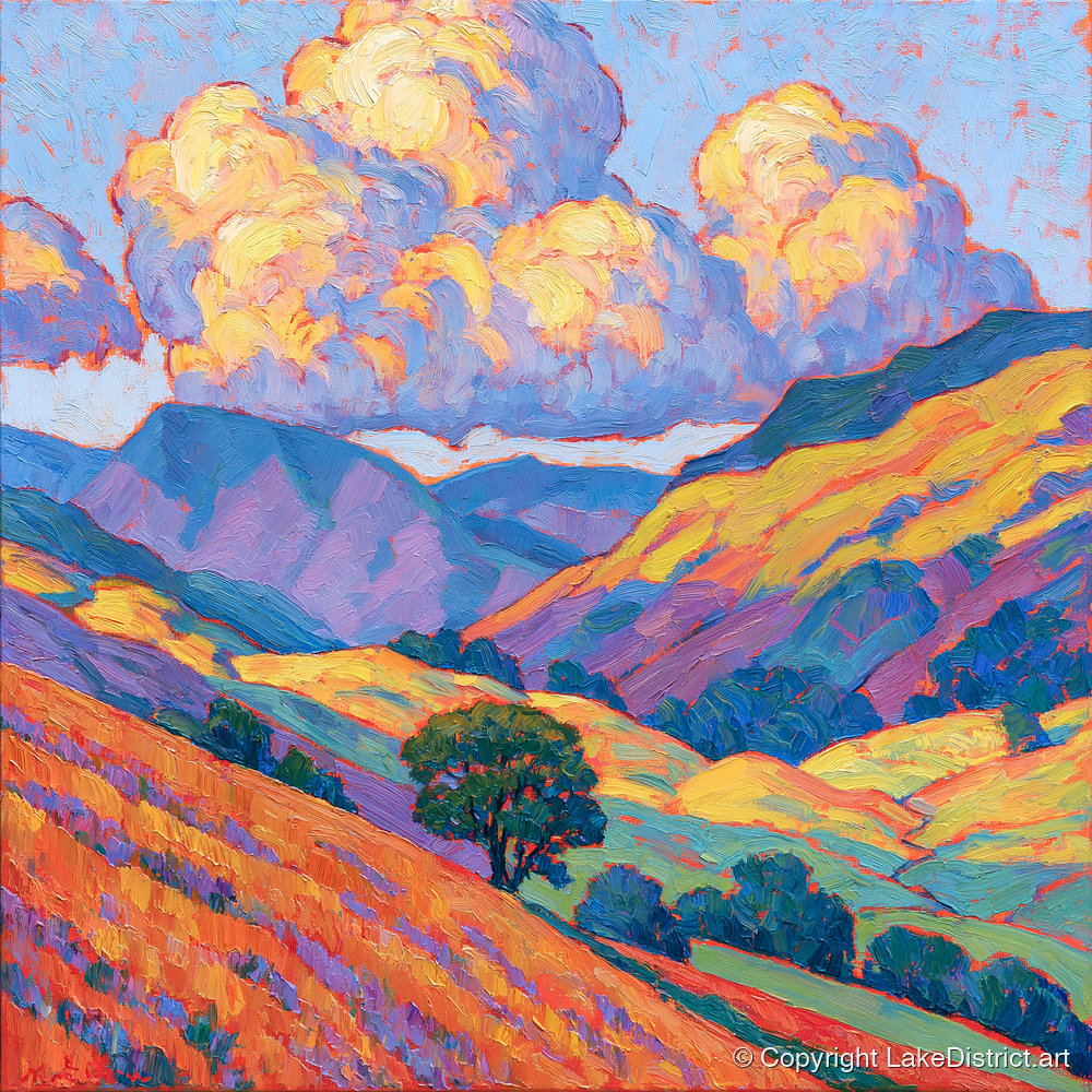 Golden Fellside with Violet Shadows - lake district fell art print and canvas by Celia Harding A.I