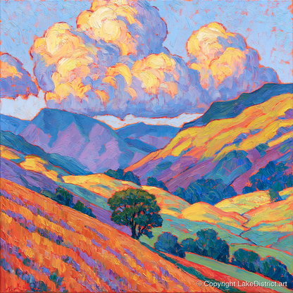 Golden Fellside with Violet Shadows - lake district fell art print and canvas by Celia Harding A.I