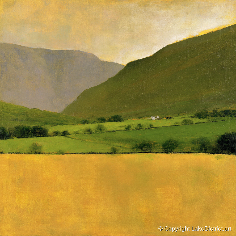 Golden Field Below the Fells - lake district valley art print and canvas by Vincent Delaney A.I