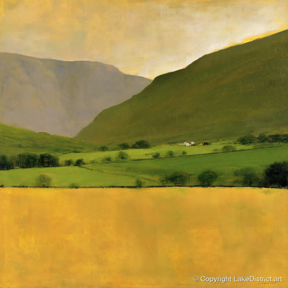 Golden Field Below the Fells - lake district valley art print and canvas by Vincent Delaney A.I