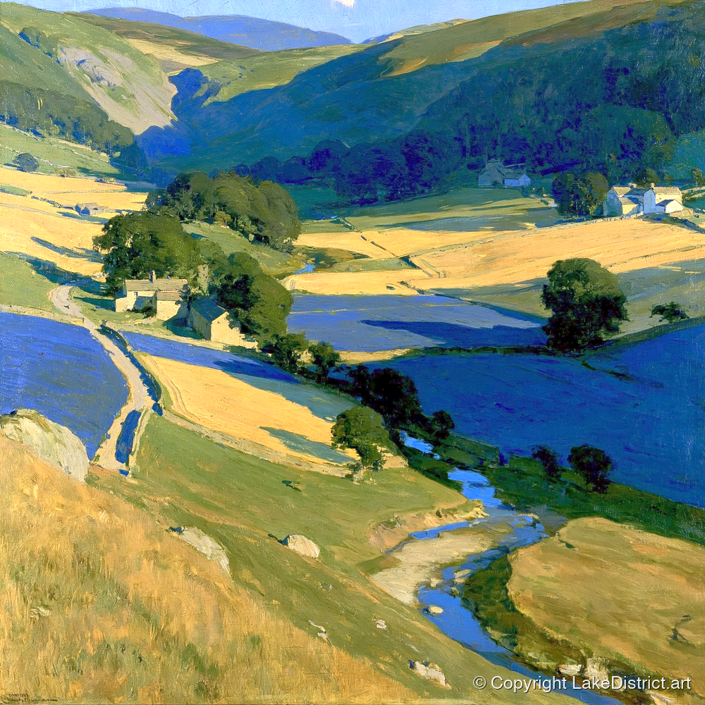Golden Fields in the Dale - lake district valley art print and canvas by Percival Kent A.I