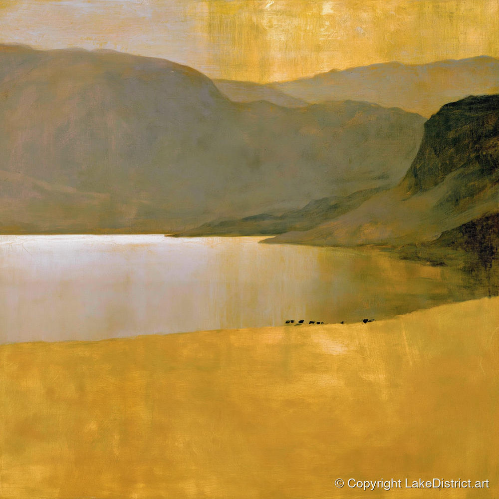 Golden Lake Beneath Dark Fells - lake district lake art print and canvas by Vincent Delaney A.I