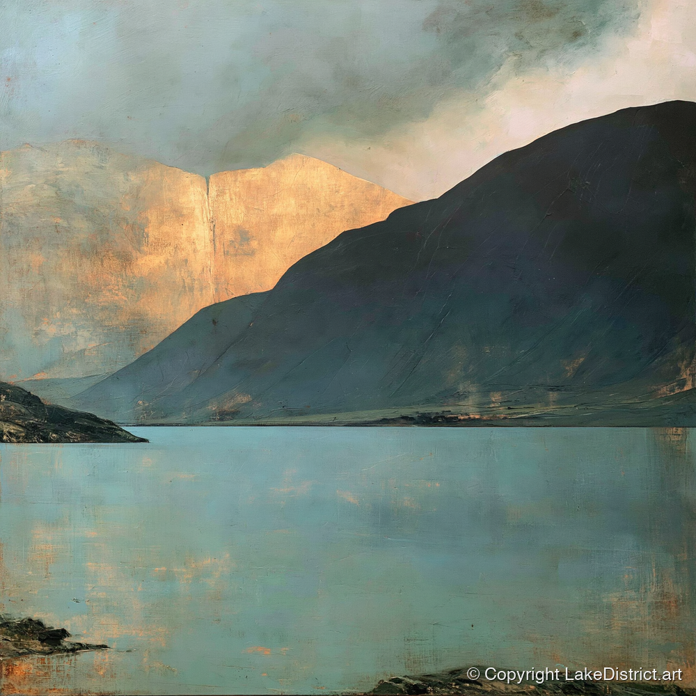 Golden Light On Wastwater Screes - lake district lake art print and canvas by Silas Thorne A.I
