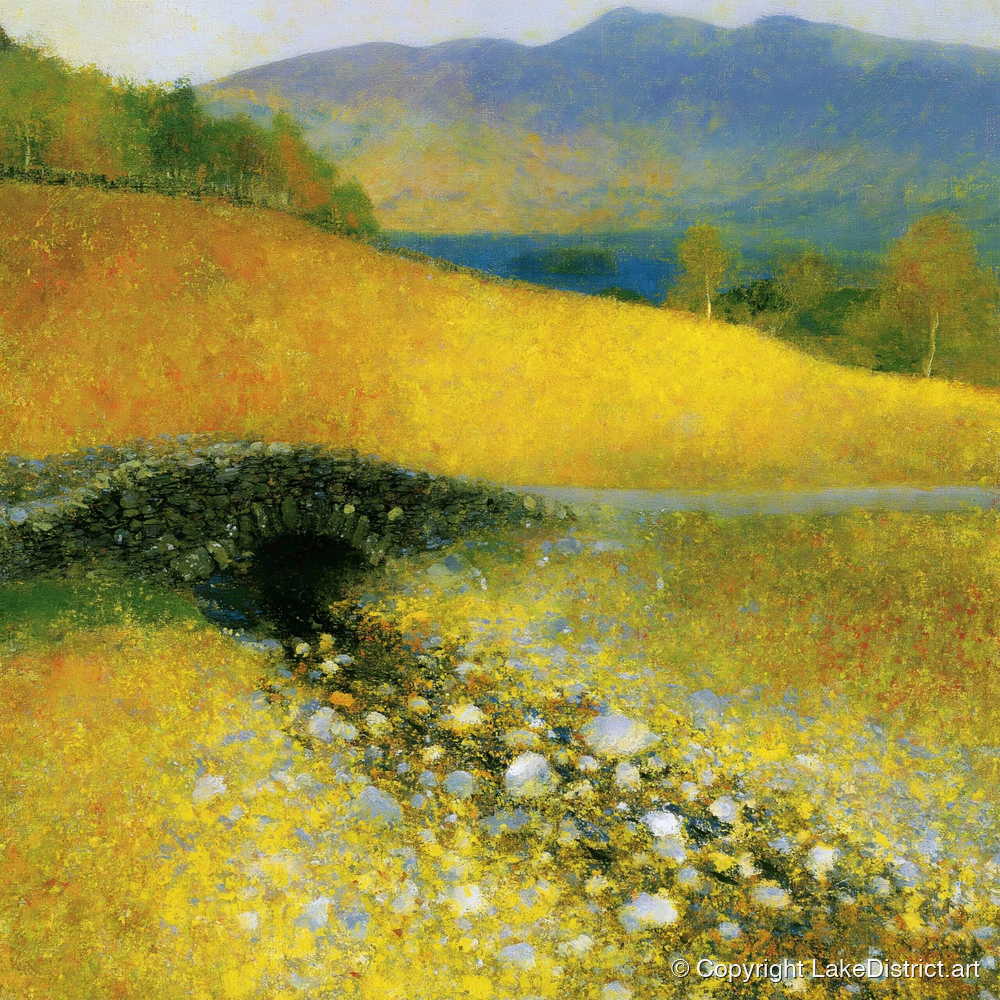 Golden Light Over Ashness Bridge - lake district waterfall art print and canvas by Harrison Blythe A.I