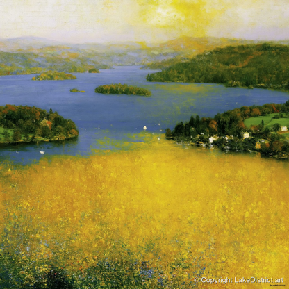 Golden Light Over Bowness Bay - lake district village art print and canvas by Harrison Blythe A.I