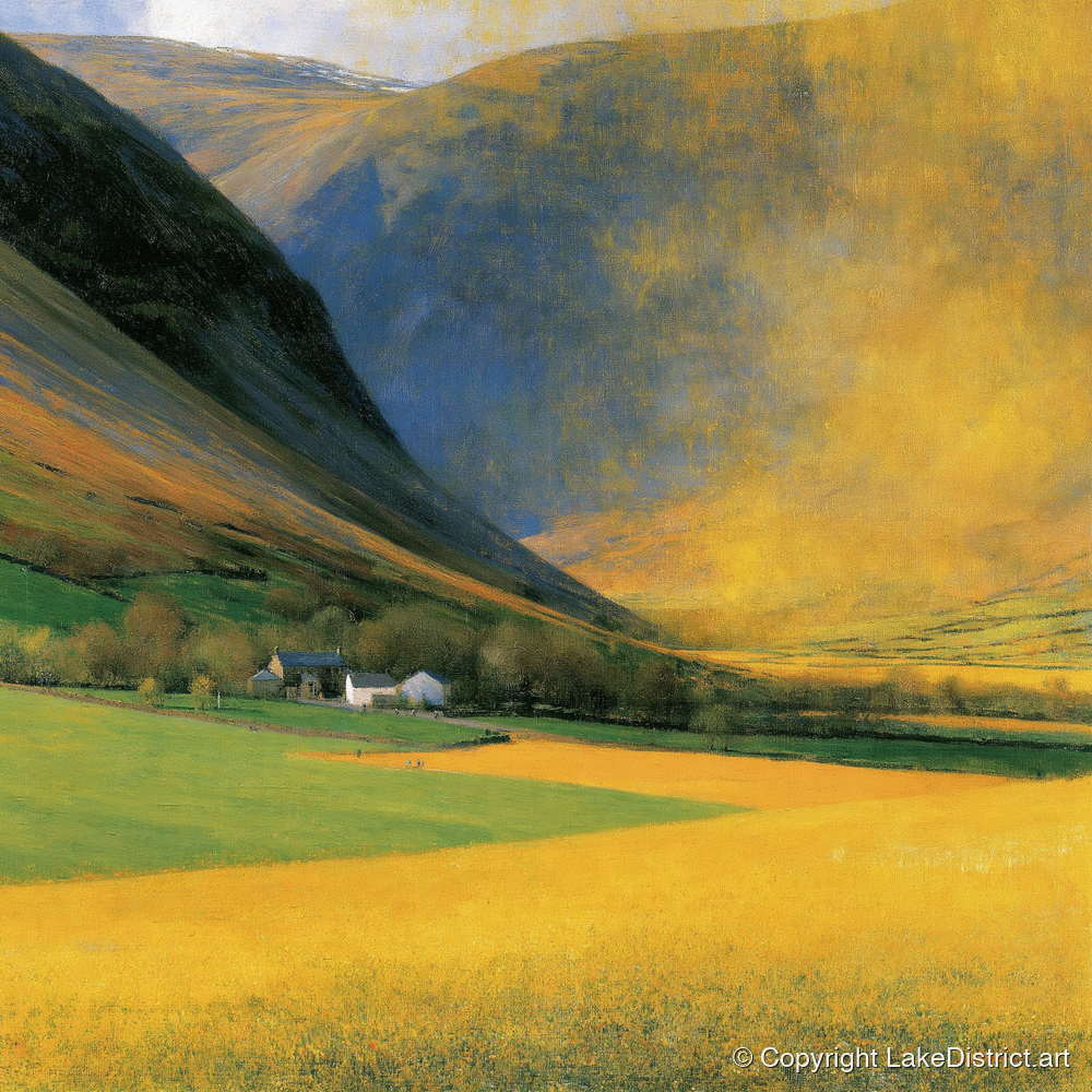 Golden Light Over Valley Fields - lake district valley art print and canvas by Harrison Blythe A.I