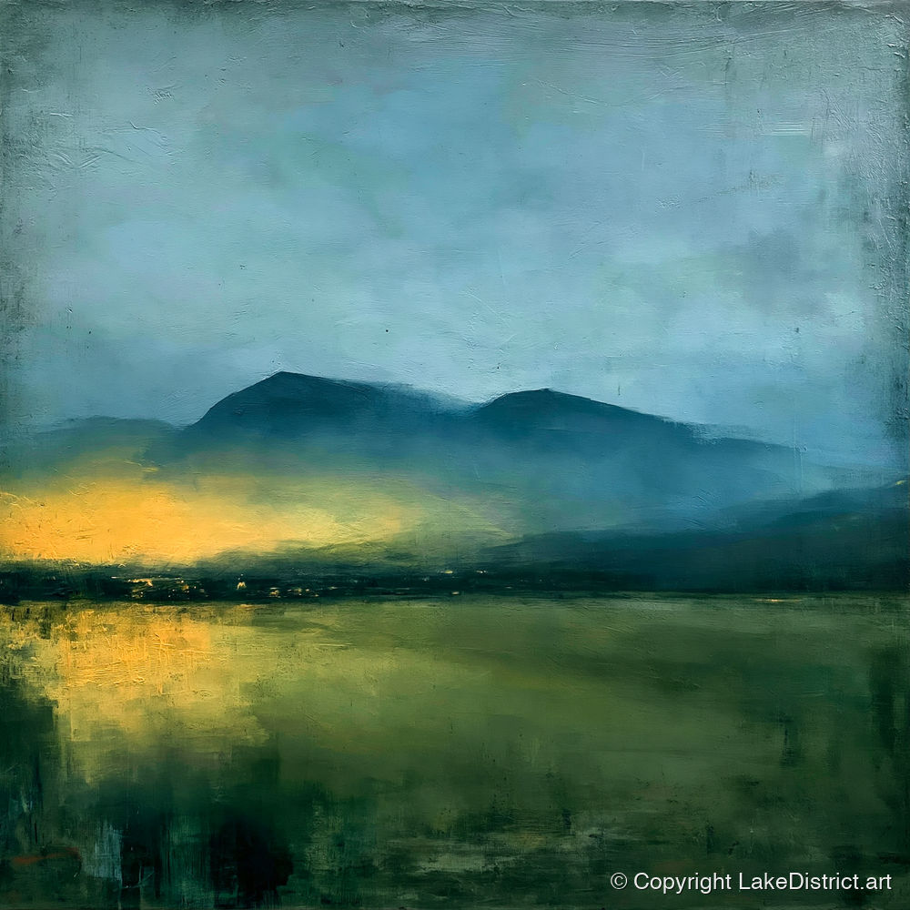 Golden Mist Below Dark Fells - lake district sky art print and canvas by Alaric Townsend A.I