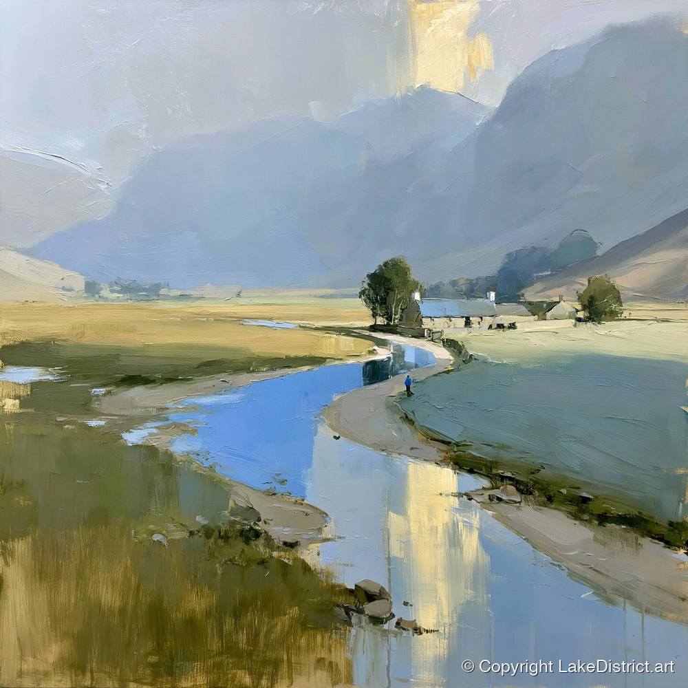 Golden Mist Over the Valley River - lake district sky art print and canvas by Elias Thorne A.I