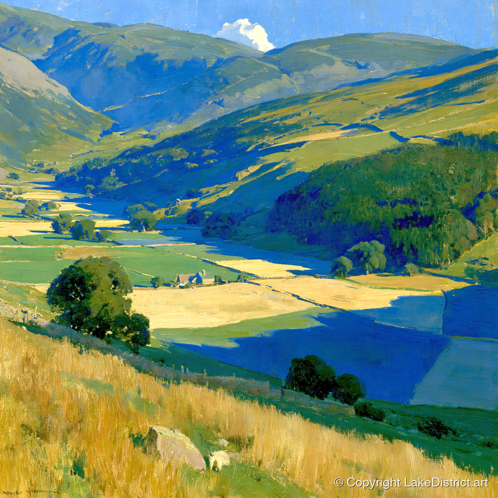 Golden Patchwork in the Dale - lake district valley art print and canvas by Percival Kent A.I