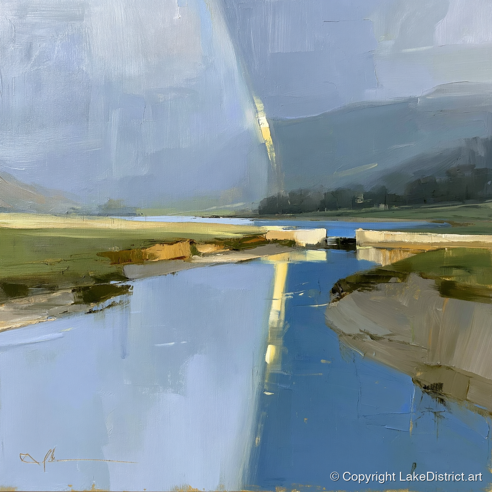 Golden Rainbow Over the River - lake district sky art print and canvas by Elias Thorne A.I