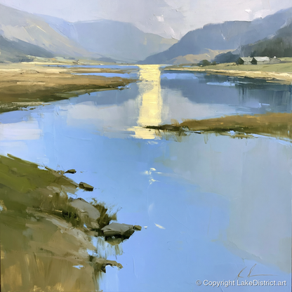 Golden Reflection on the Lake - lake district lake art print and canvas by Elias Thorne A.I