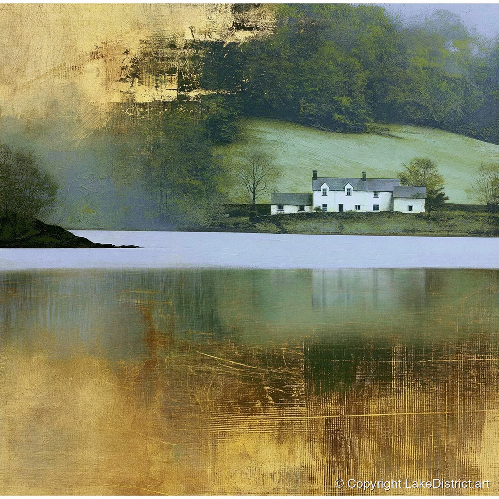 Golden Reflections on Coniston Water - lake district lake art print and canvas by Graham Whitaker A.I