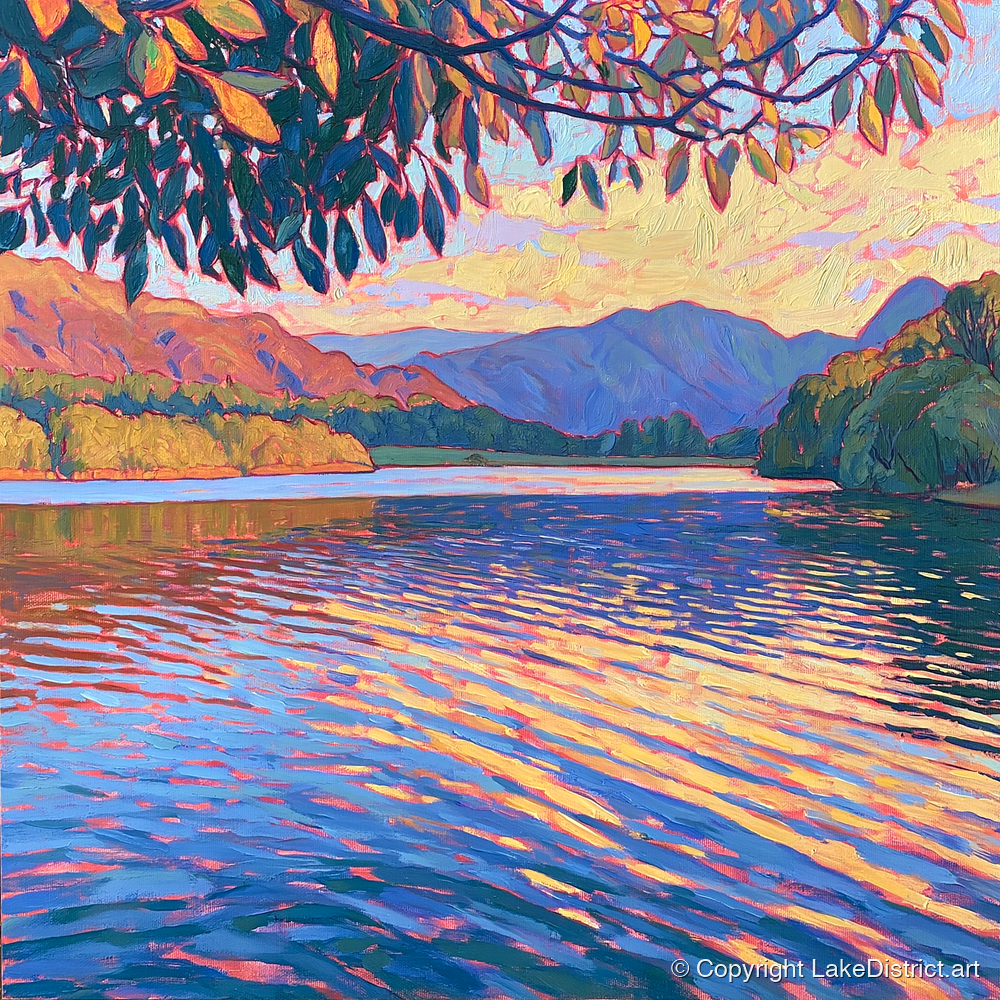 Golden Ripples on Esthwaite Water - lake district village art print and canvas by Celia Harding A.I