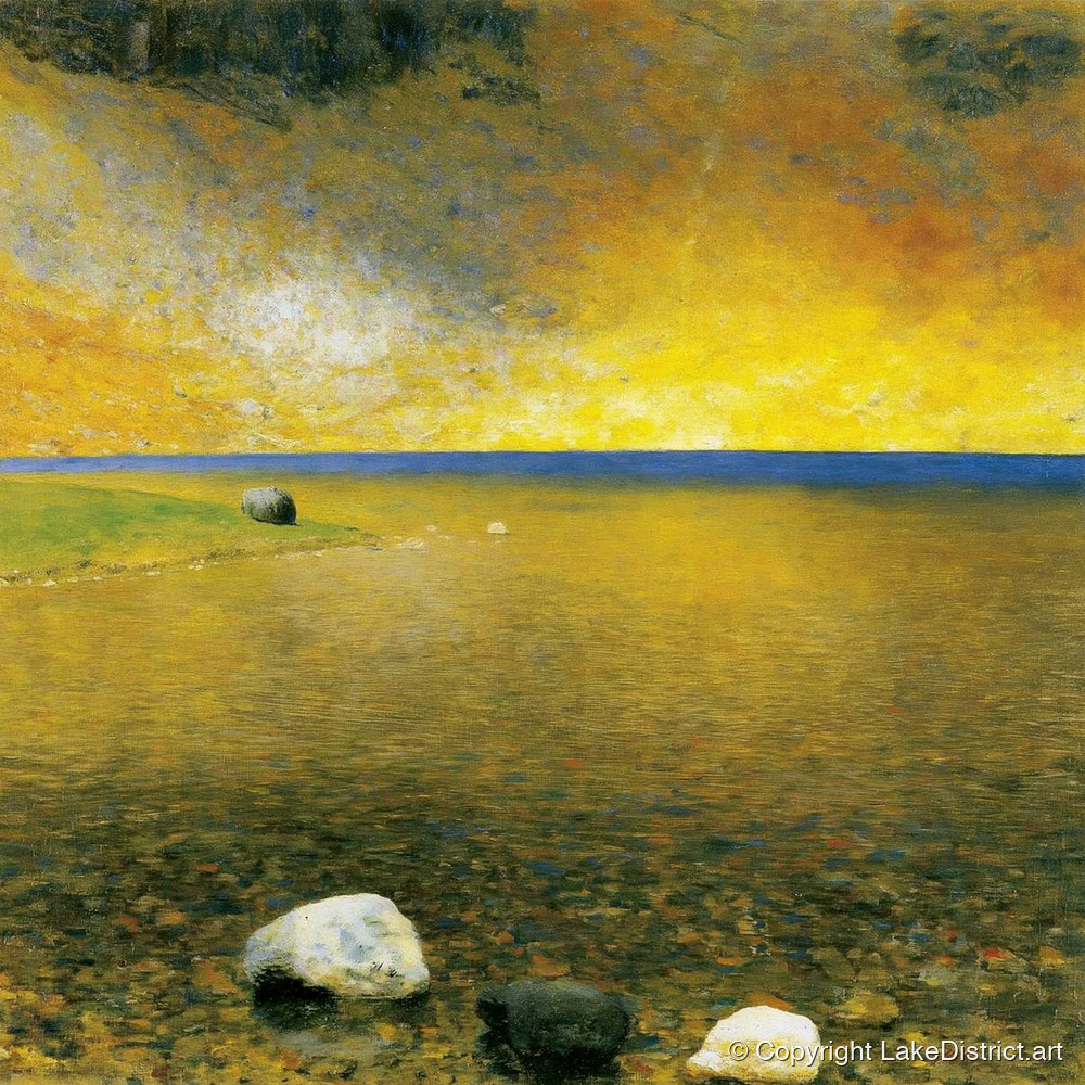 Golden Sky Over Easedale Tarn - lake district lake art print and canvas by Harrison Blythe A.I