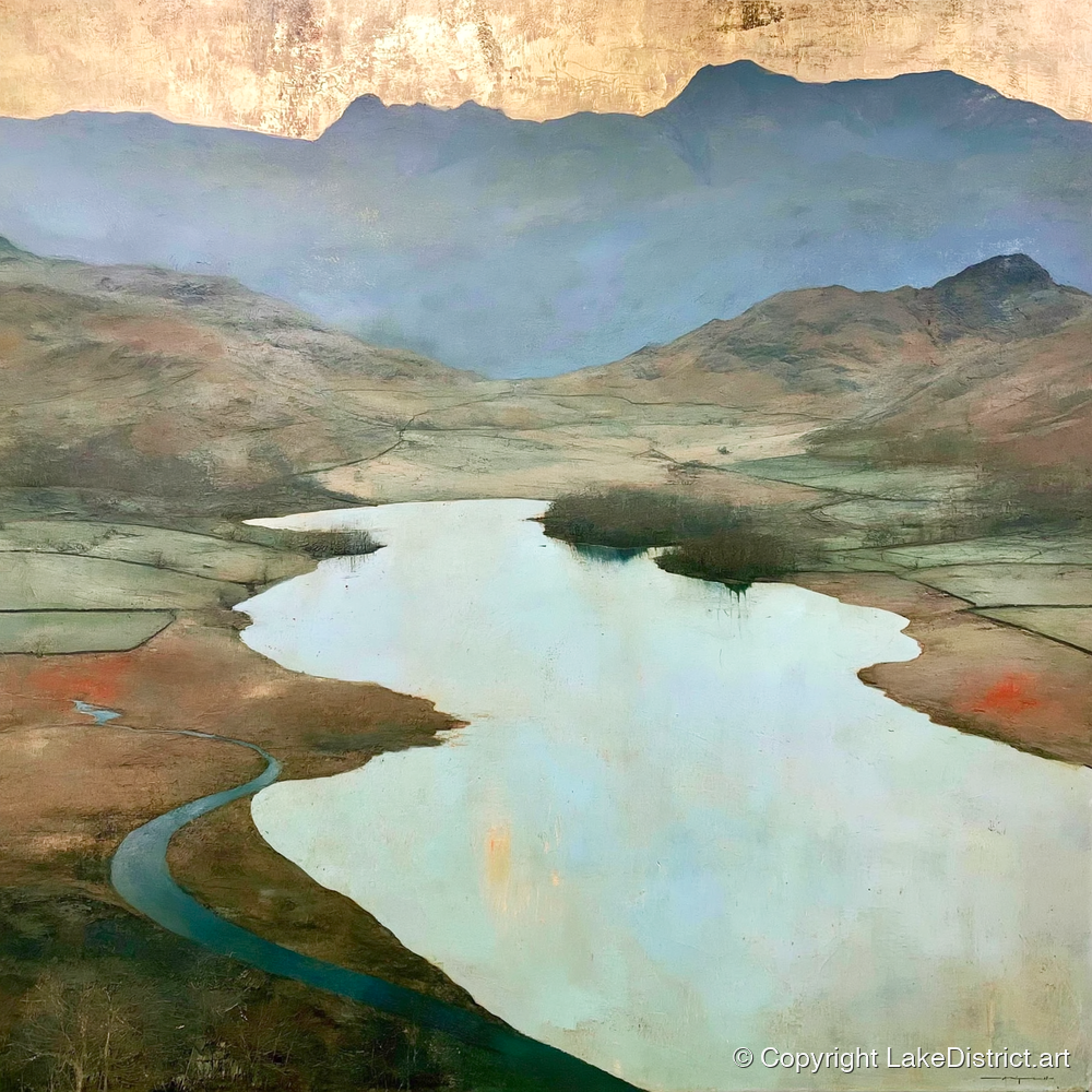 Golden Sky Over Elter Water - lake district lake art print and canvas by Silas Thorne A.I