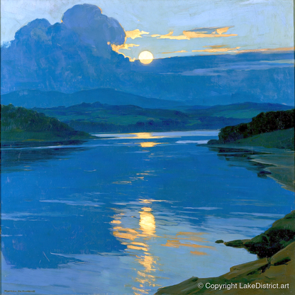 Golden Sunset Over Blue Lake - lake district lake art print and canvas by Percival Kent A.I