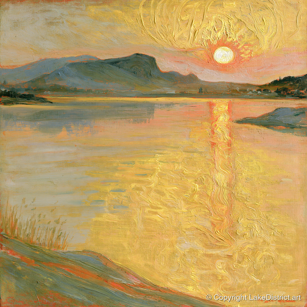 Golden Sunset Over the Lake - lake district lake art print and canvas by Benedict Hale A.I