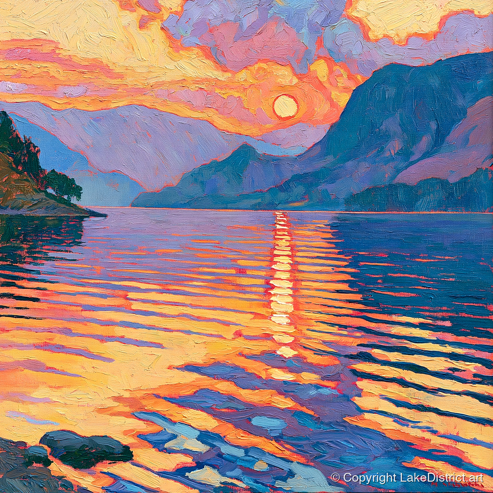 Golden Sunset Reflected on the Lake - lake district lake art print and canvas by Celia Harding A.I