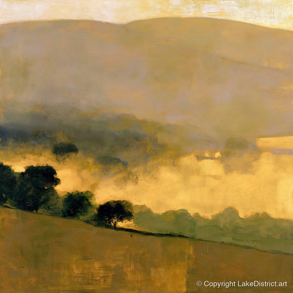 Golden Valley Mist at Dawn - lake district sky art print and canvas by Vincent Delaney A.I